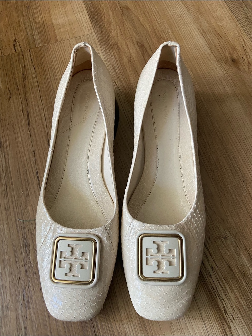 Tory Burch Cream Logo Square-Toe Ballet Flats